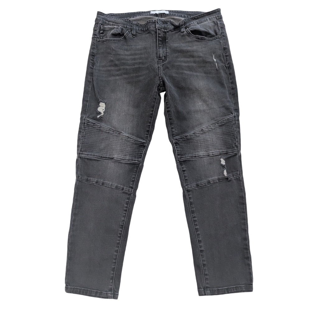 KanCan Wmns XL Moto Distressed Jeans Faded Blk Ribbed Knee Slim Fit Edgy Rocker